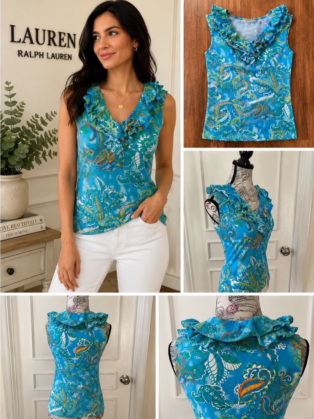 Lauren Ralph Lauren Paisley Ruffle Neck Sleeveless Blouse 100% Cotton - Picture 2 of 11